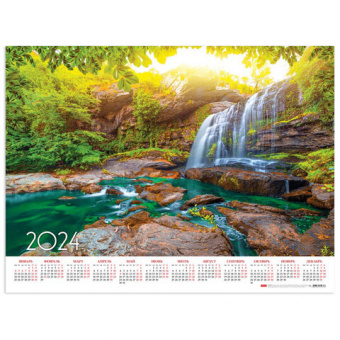 картинка Календарь настенный листовой на 2024 г., формат А2 60х45 см, "Живописный водопад", HATBER, Кл2_29733 в разных цветах с печатью логотипа.